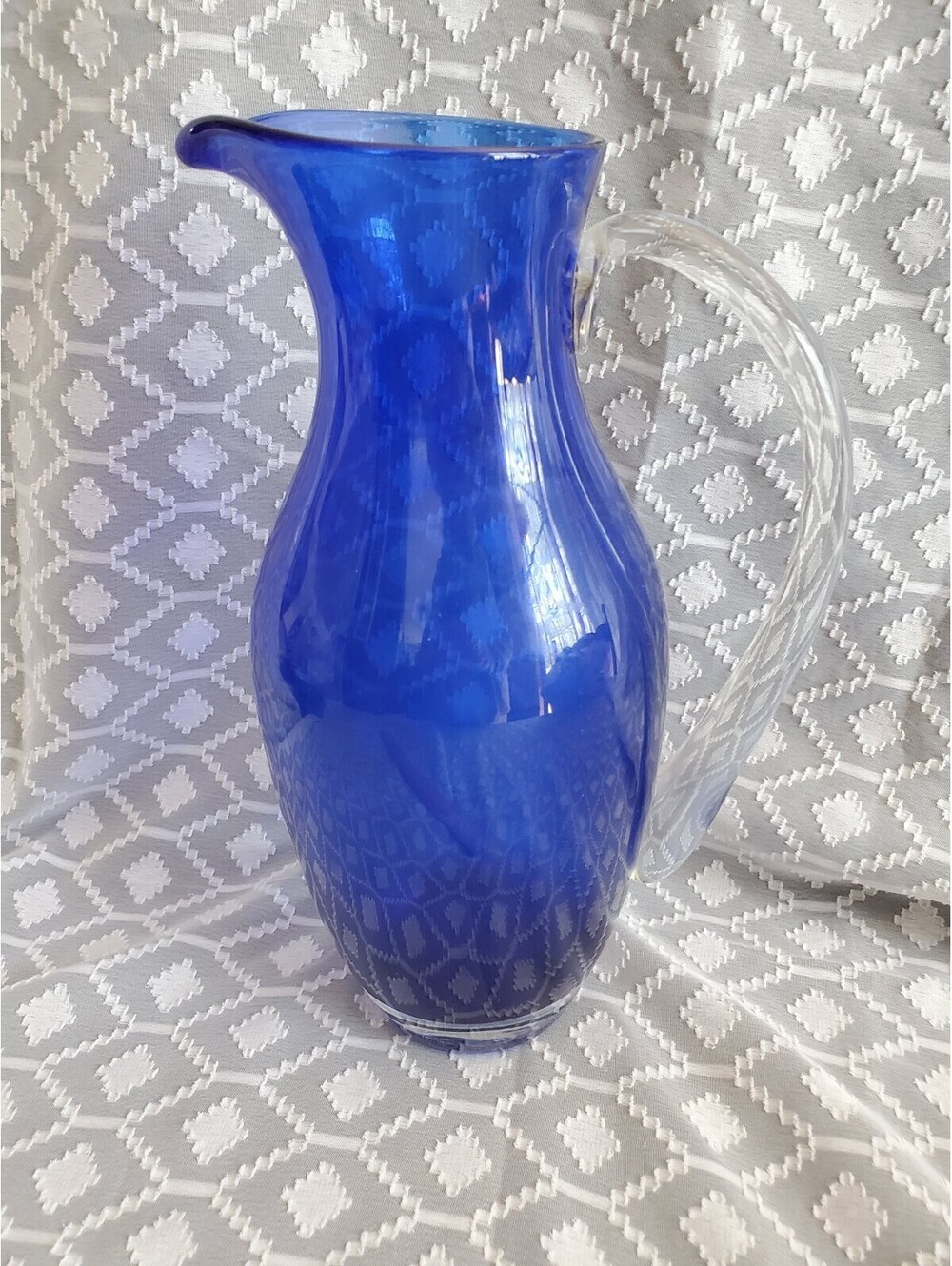 Vtg Beautiful Blown Glass Cobalt Pitcher With Applied Clear Handle